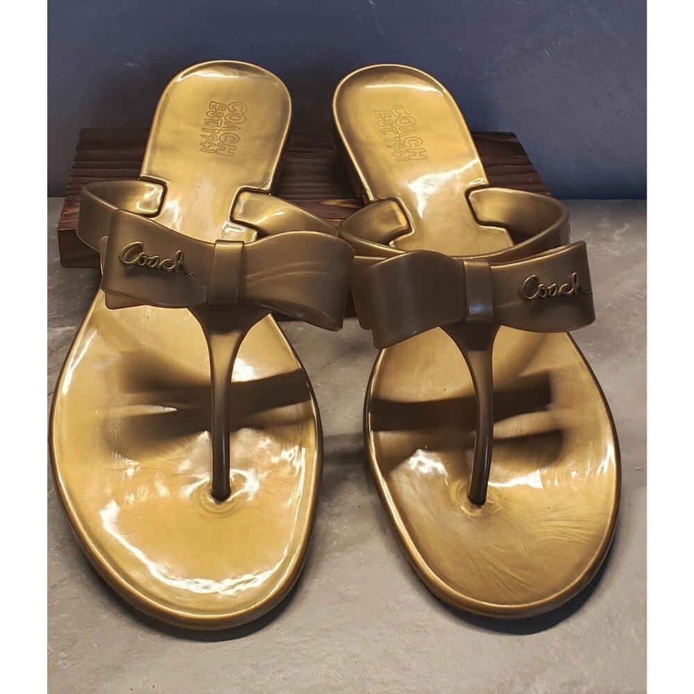 Coach Pretty Metallic Gold Jelly Thong Bow Sandals Size 10